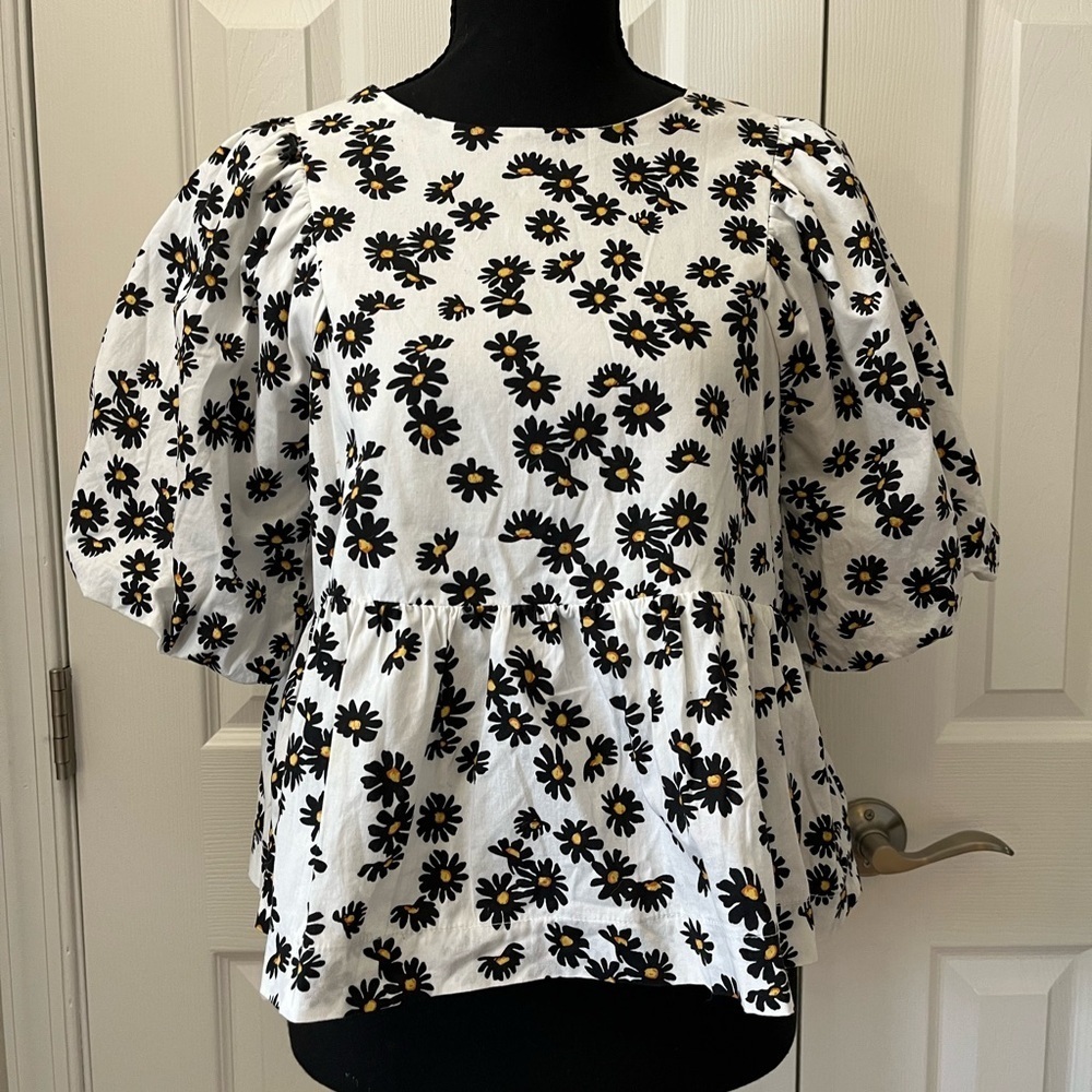 Vestique Black White Daisy Floral Puff Sleeve Peplum Top Small